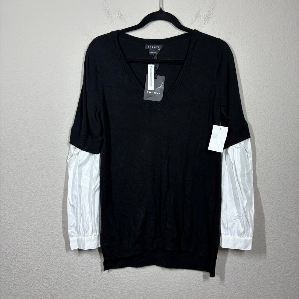 Trouve Womens XS Knit Combo Sweater Black White V Neck Long Sleeves